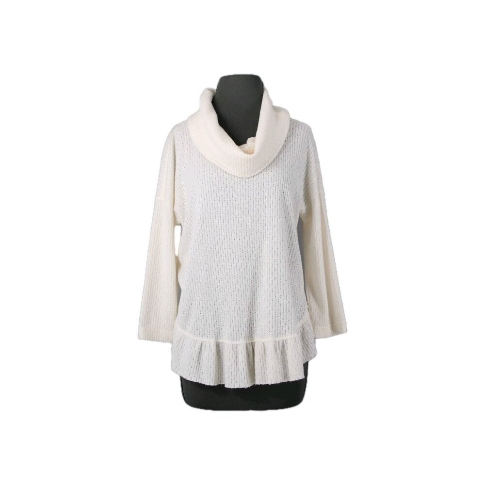 Maeve Sz S Ivory Perforated Knit 3/4 Slv Poly Viscose Cowl Neck Peplum Sweater